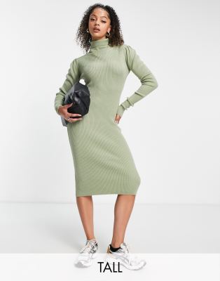 Brave Soul Tall juliet high neck knit sweater dress in sage-Green