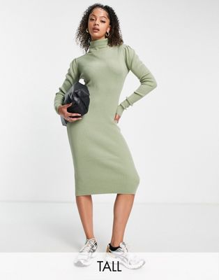 Brave Soul Tall Juliet high neck knitted jumper dress in sage-Green