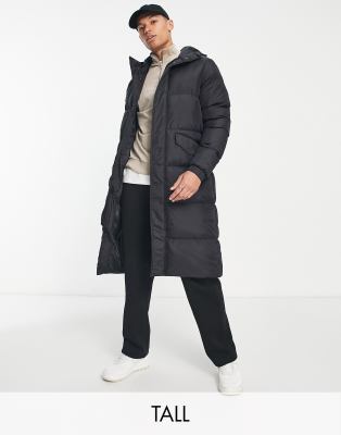 Brave Soul Tall Long Line Puffer Coat With Hood In Black