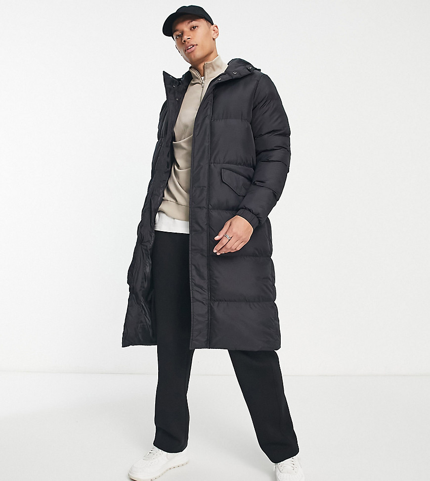 Brave Soul Tall Long Line Puffer Coat With Hood In Black