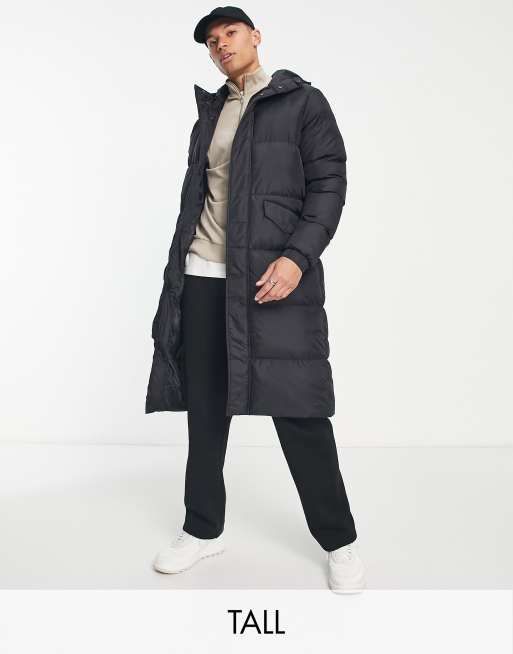 Brave Soul Tall long line puffer coat with hood in black