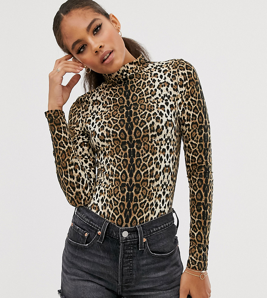 Brave Soul Tall long sleeve bodysuit in leopard print-Multi