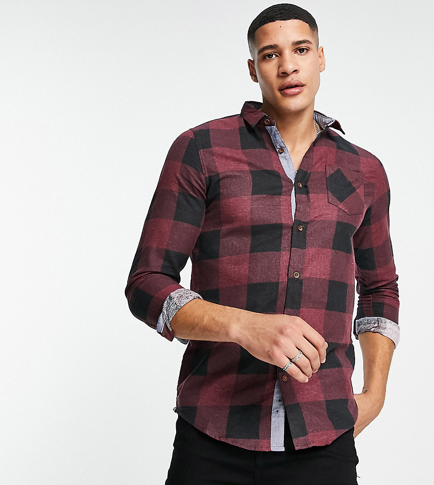 Brave Soul Tall long sleeve check shirt in burgundy-Red