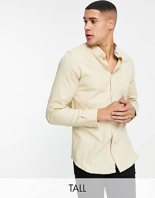Brave Soul Tall long sleeve cotton twill shirt in beige