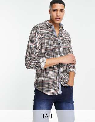 BRAVE SOUL TALL LONG SLEEVE HERITAGE CHECK SHIRT IN MULTI BROWN,MSH-69NITROGEN