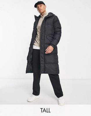 Brave Soul Tall longline puffer coat with hood in black