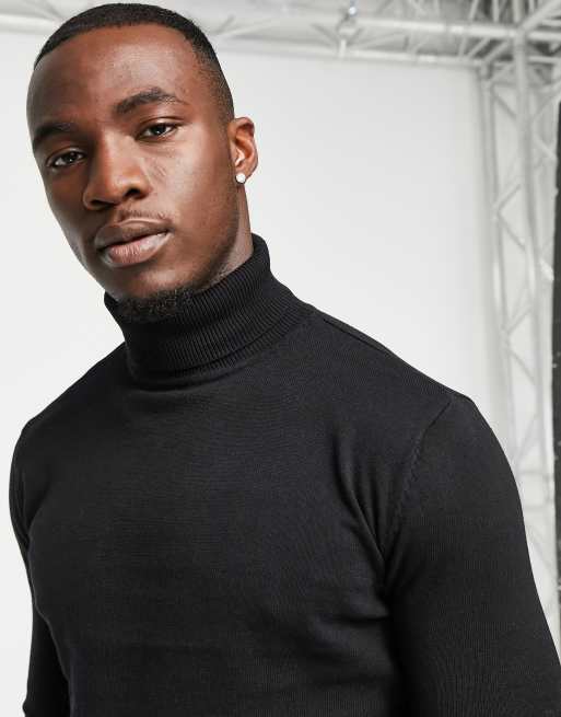 Brave Soul Tall - Maglione con collo alto in cotone nero, 3 di 4