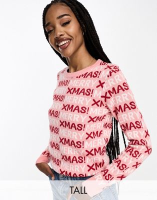 Brave Soul Tall merry christmas jumper in pink