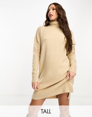 Brave Soul Tall mingson knitted roll neck jumper dress in biscuit
