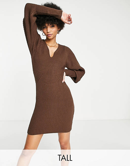Brave Soul Tall notch neck knitted dress in brown pattern | ASOS