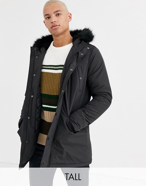 Brave Soul Tall parka jacket with faux fur trim in black