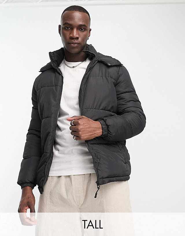 Brave Soul - tall puffer jacket with hood in black