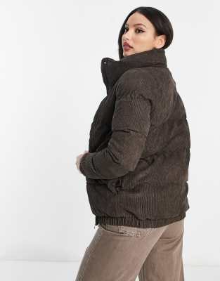 Brave Soul Tall slay cord puffer jacket in chocolate brown