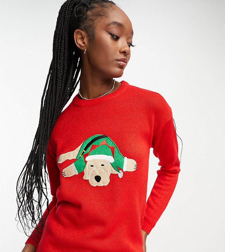Brave Soul Tall sleepy dog christmas jumper in red