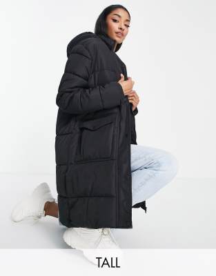 Brave Soul Tall snowstar long hooded puffer coat in black