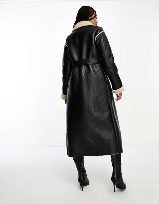 Brave Soul Tall – Verstärkter Longline-Trenchcoat in Schwarz mit Lammfellimitat , 2 von 4