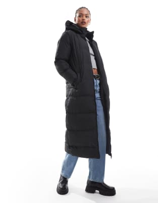 Brave Soul Tall - Wattierte Maxi-Jacke in Schwarz mit Kapuze und abnehmbaren Ärmeln