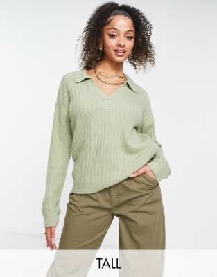 Brave Soul Tall zulu v-neck polo jumper in sage - ASOS Price Checker