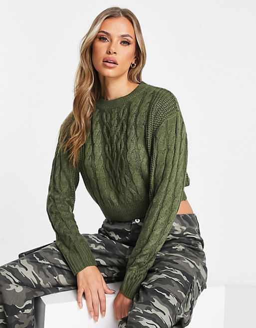 Brave Soul Tally cropped cable knit jumper in khaki