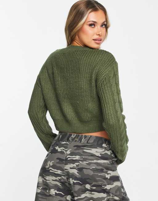 Brave Soul Tally cropped cable knit jumper in khaki, 2 of 4