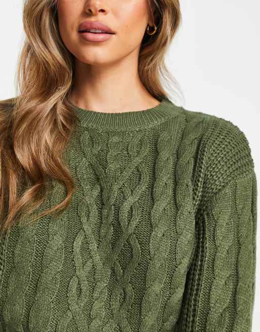 Brave Soul Tally cropped cable knit jumper in khaki, 3 of 4
