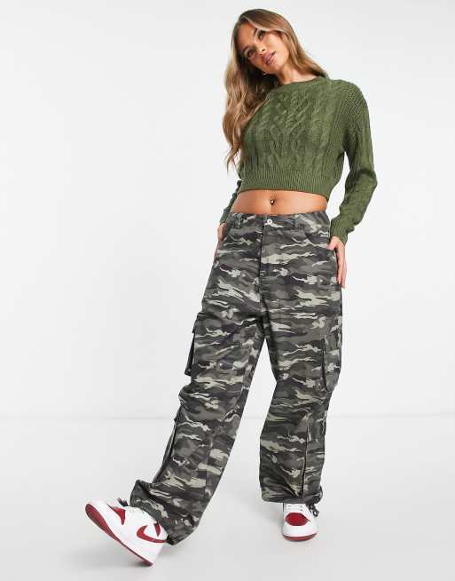 Brave Soul Tally cropped cable knit jumper in khaki, 4 of 4