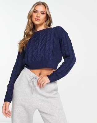 Brave Soul Brave Soul tally cropped cable knit jumper in navy