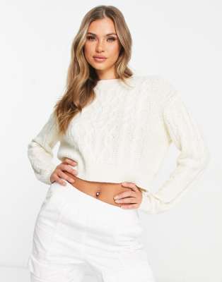 tally cropped cable knit sweater in cream-White