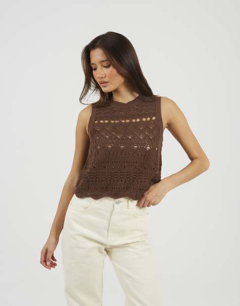 Brave Soul – Tanktop aus Pointelle-Strick in Braun mit Rundhalsausschnitt - view 1