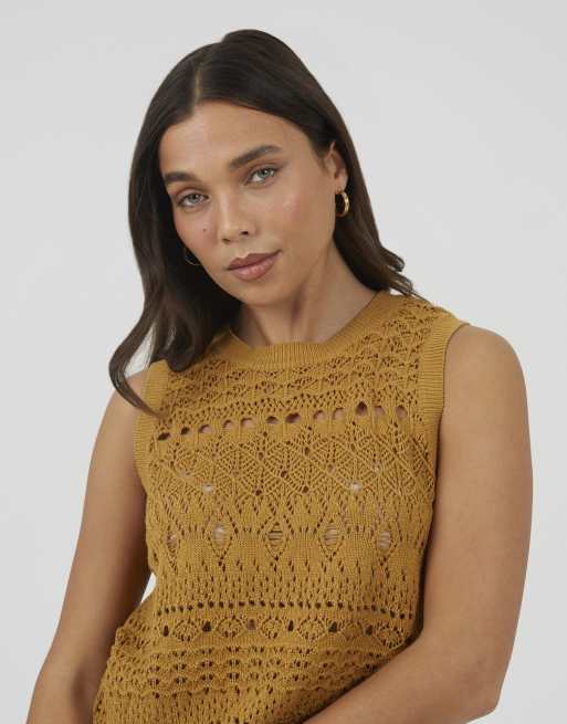 Brave Soul – Tanktop aus Pointelle-Strick in Senfgelb mit Rundhalsausschnitt, 2 von 4