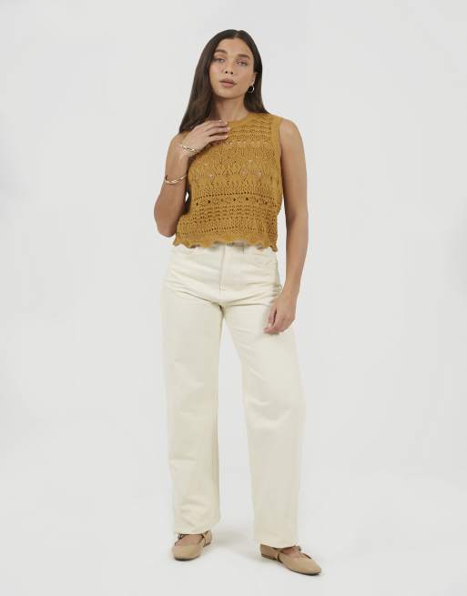 Brave Soul – Tanktop aus Pointelle-Strick in Senfgelb mit Rundhalsausschnitt, 3 von 4