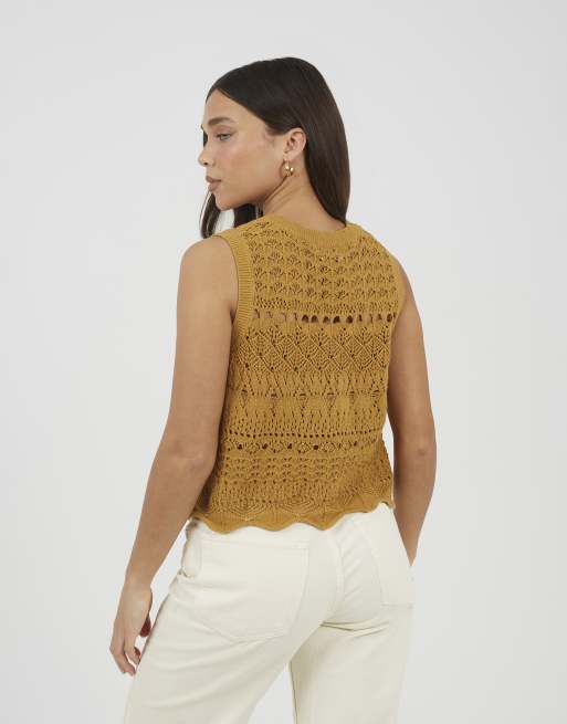 Brave Soul – Tanktop aus Pointelle-Strick in Senfgelb mit Rundhalsausschnitt, 4 von 4
