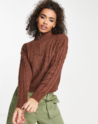 Brave Soul tanya half zip cable knit jumper in brown