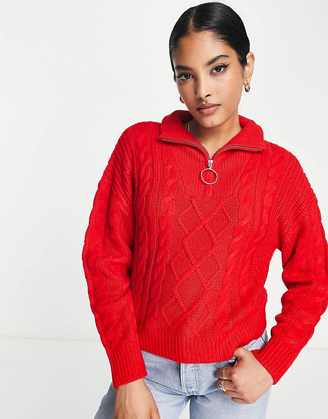 Brave Soul - tanya half zip cable knit jumper in red
