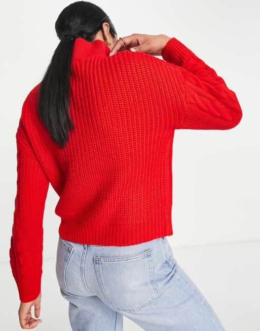 Brave Soul tanya half zip cable knit jumper in red, 2 of 4