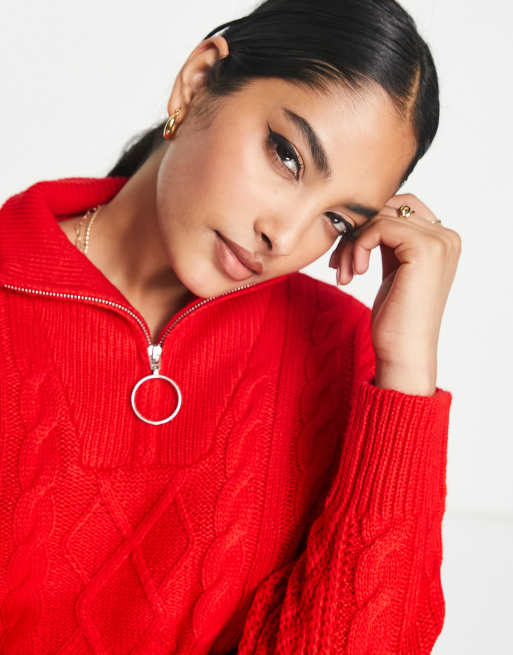 Brave Soul tanya half zip cable knit jumper in red, 3 of 4