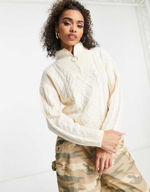 Brave Soul tanya half zip cable knit jumper in 