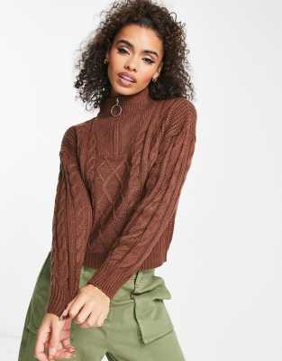 Brave Soul tanya half zip cable knit sweater in brown | ASOS