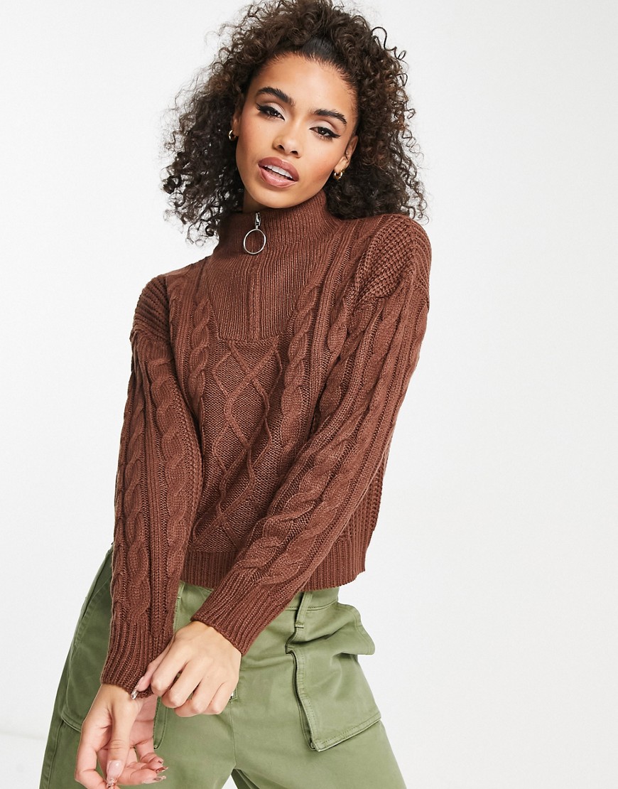 Brave Soul tanya half zip cable knit sweater in brown