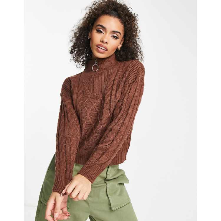 Brave Soul tanya half zip cable knit sweater in brown | ASOS