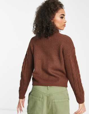 Brave Soul tanya half zip cable knit sweater in brown | ASOS