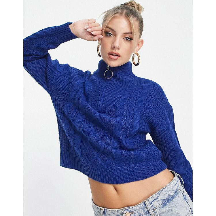 Brave Soul tanya half zip cable knit sweater in electric blue | ASOS
