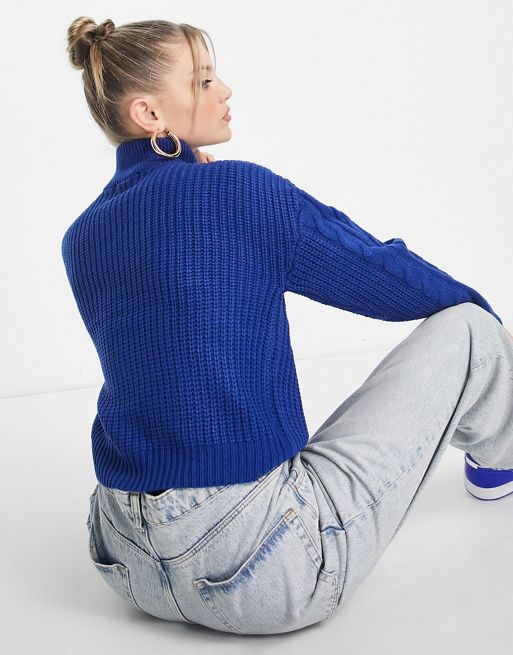 Brave Soul tanya half zip cable knit sweater in electric blue
