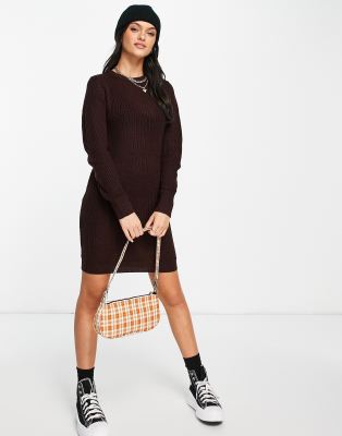 Brave Soul tasmin ribbed mini jumper dress in brown