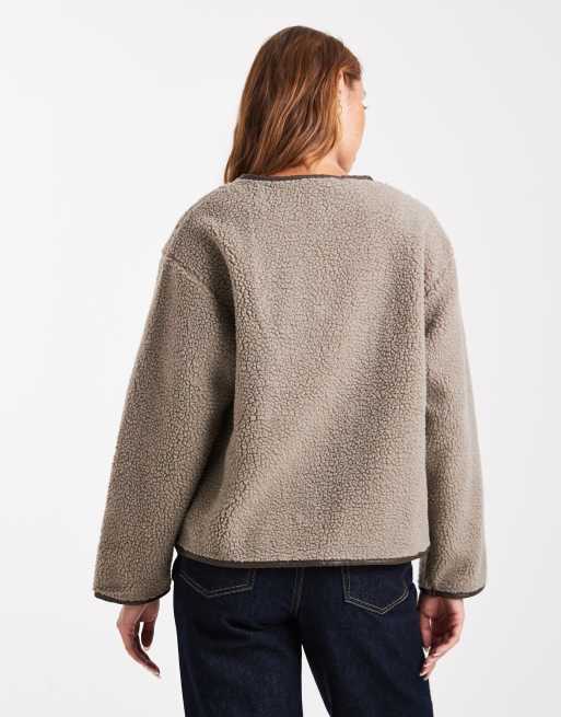 Brave Soul teddy collarless jacket with toggle closures in taupe, 4 of 4