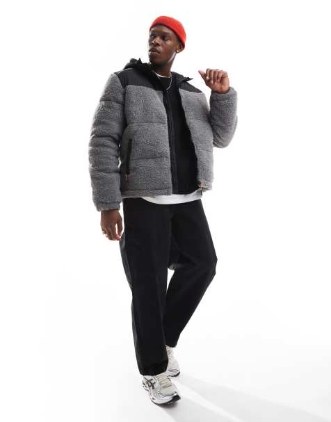 Brave Soul – Teddyfell-Pufferjacke in Grau mit farblich abgesetztem Stoffdetail - view 1