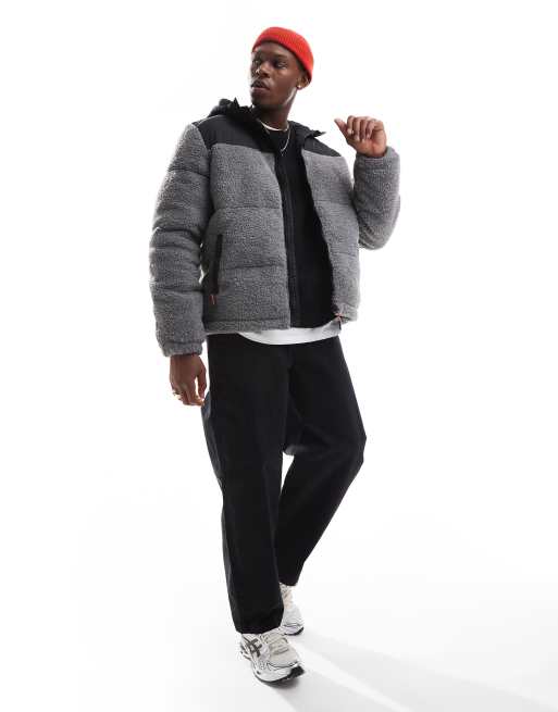 Brave Soul – Teddyfell-Pufferjacke in Grau mit farblich abgesetztem Stoffdetail