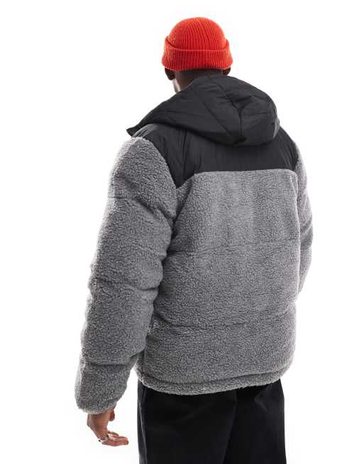 Brave Soul – Teddyfell-Pufferjacke in Grau mit farblich abgesetztem Stoffdetail, 2 von 4