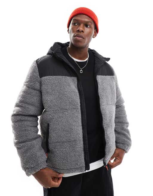 Brave Soul – Teddyfell-Pufferjacke in Grau mit farblich abgesetztem Stoffdetail, 3 von 4