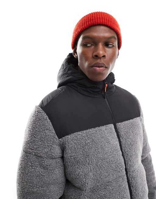 Brave Soul – Teddyfell-Pufferjacke in Grau mit farblich abgesetztem Stoffdetail, 4 von 4